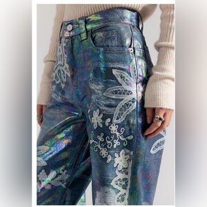 Free People NWT Holographic Floral Embroidered Pants
